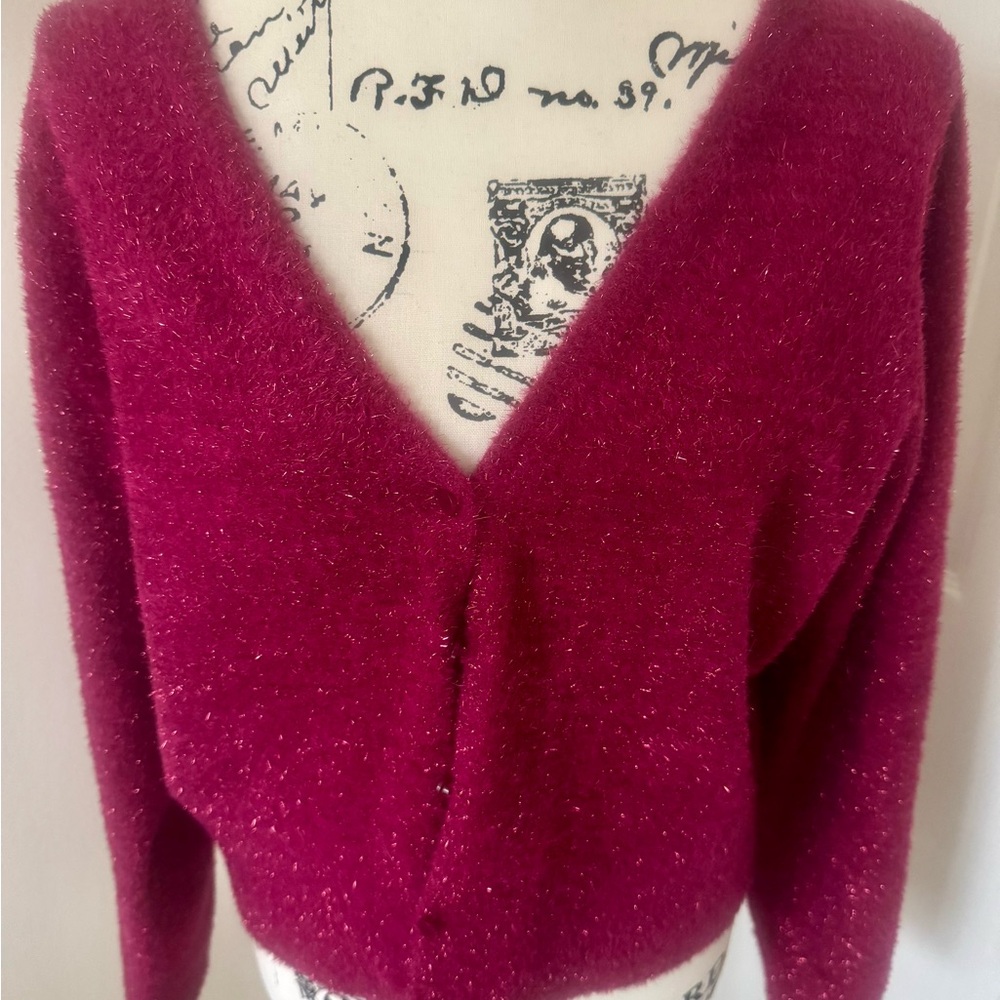 Old Navy Women's Fuzzy and Sparkly V-Neck Sweater - Deep Red/Pink